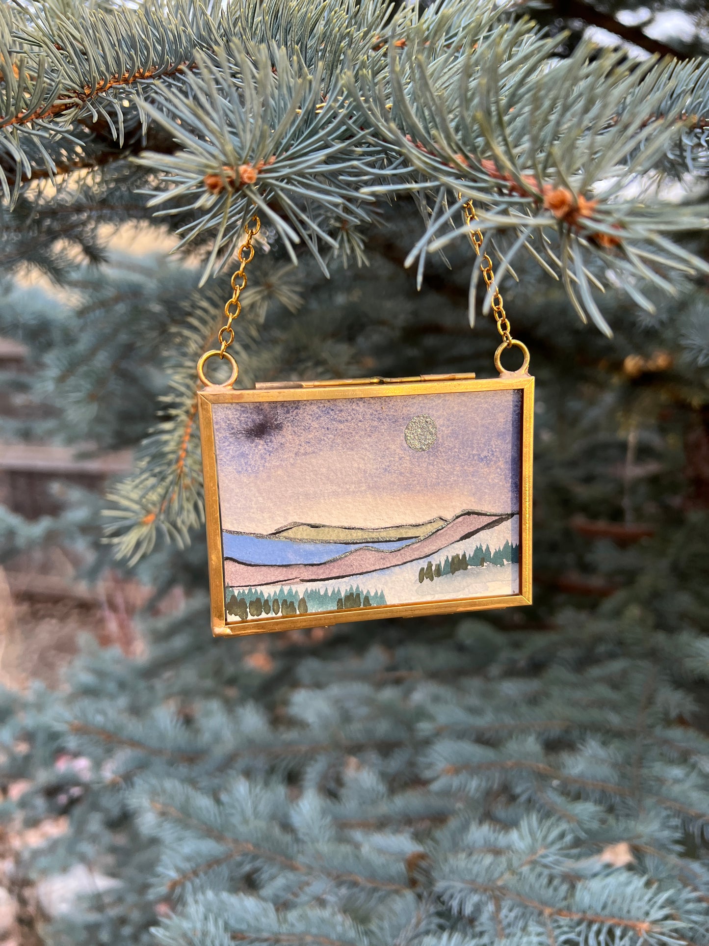 Winter Solstice Treasures, original watercolor paintings in golden frames