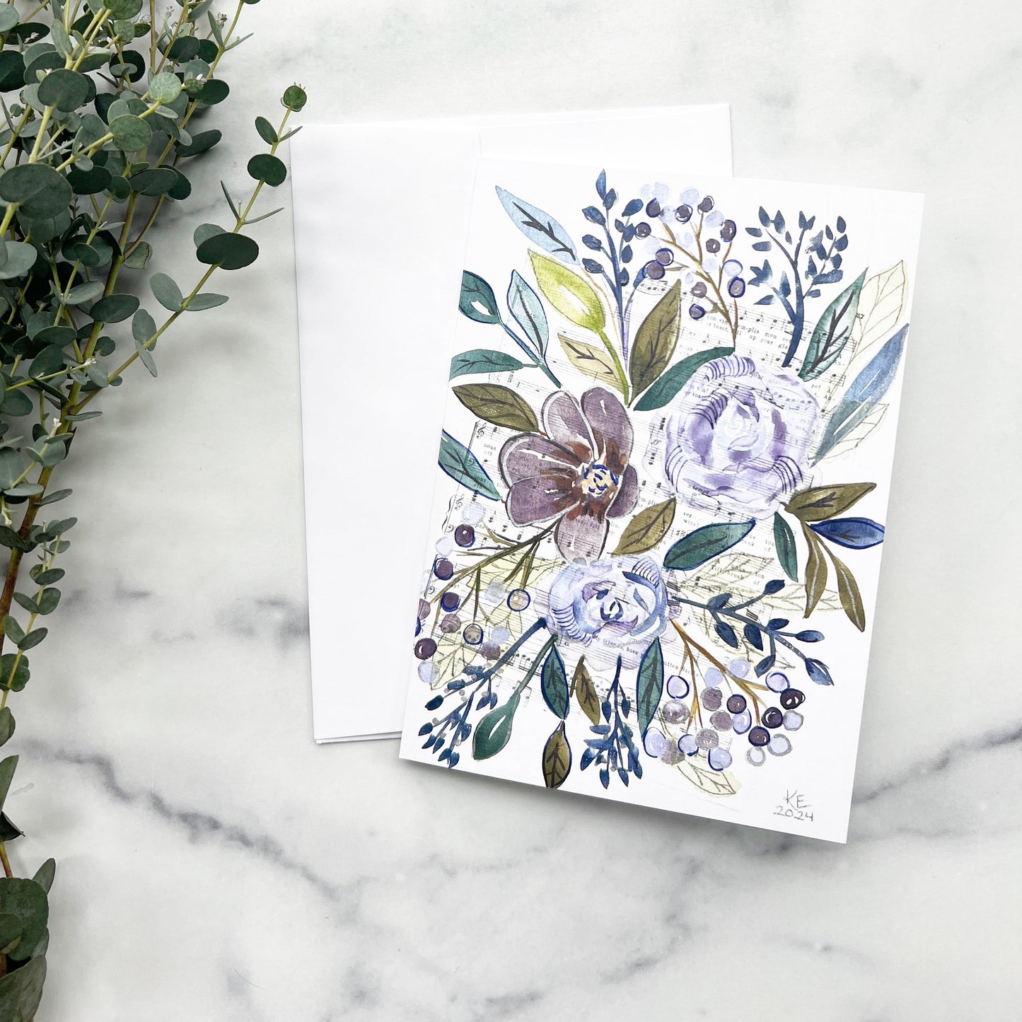 Purple Flowers & Music Scores, blank card