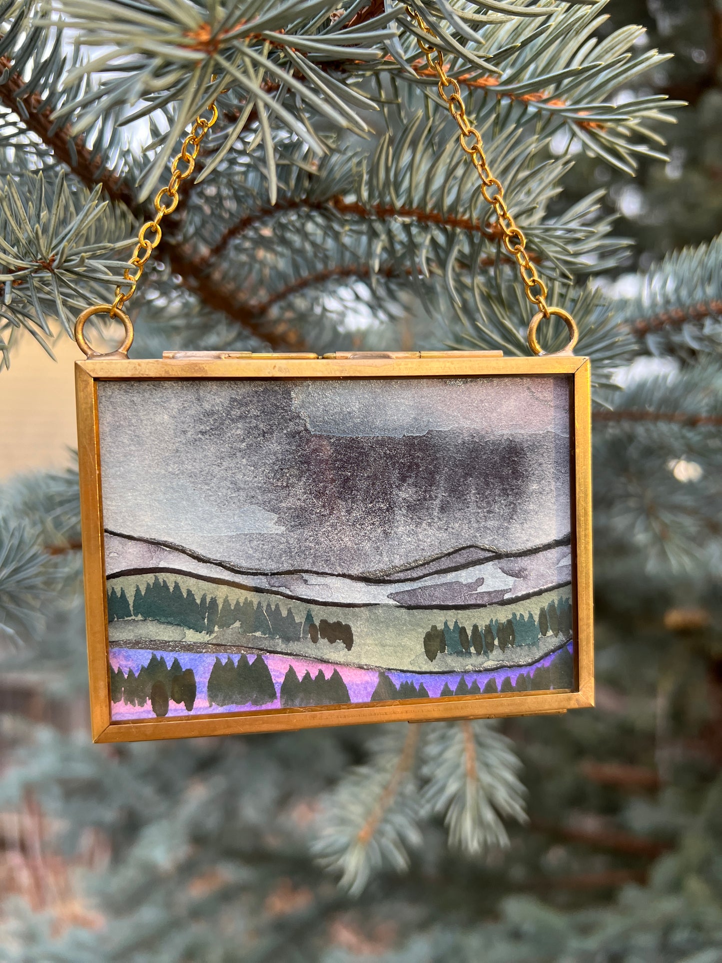 Winter Solstice Treasures, original watercolor paintings in golden frames