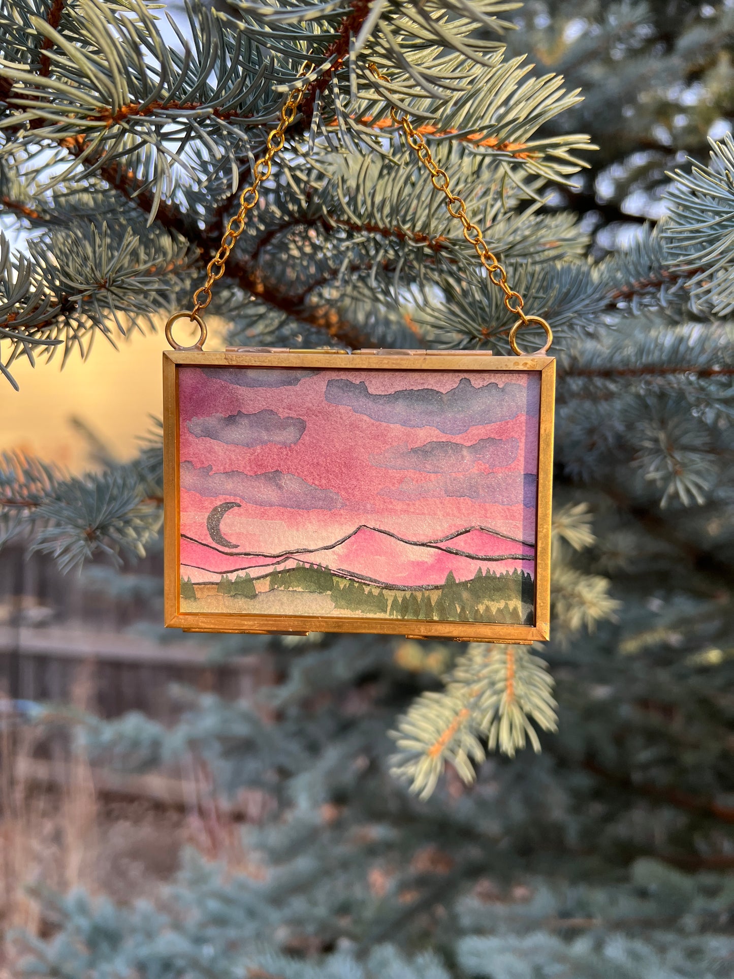 Winter Solstice Treasures, original watercolor paintings in golden frames
