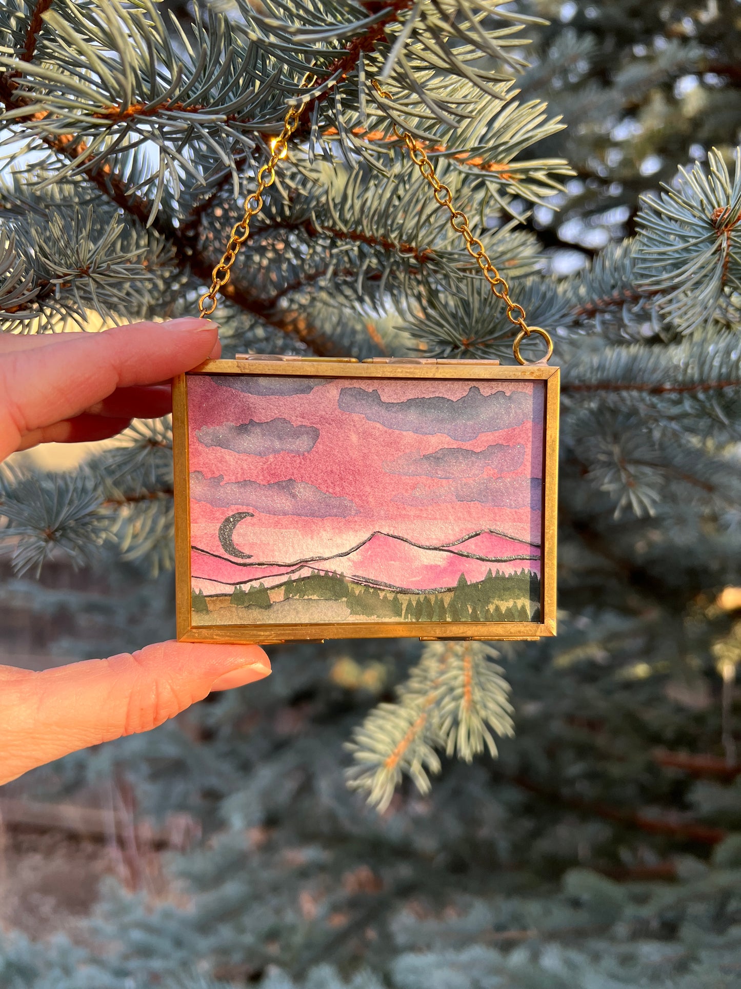 Winter Solstice Treasures, original watercolor paintings in golden frames