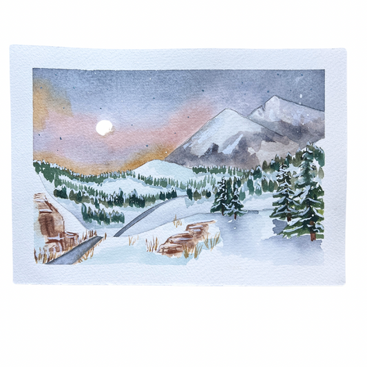 Long's Peak Under the Crescent Moon, original unframed watercolor on paper