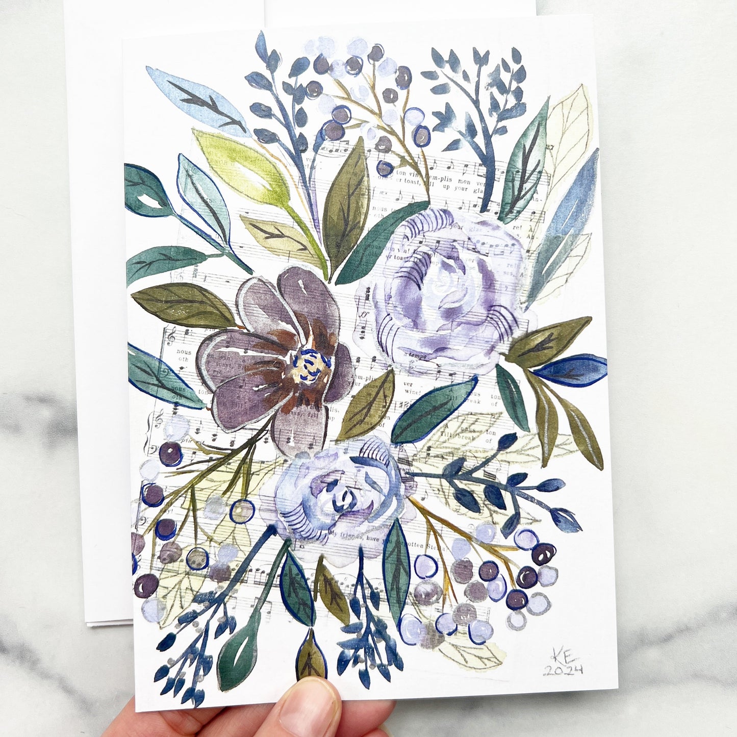 Purple Flowers & Music Scores, blank card