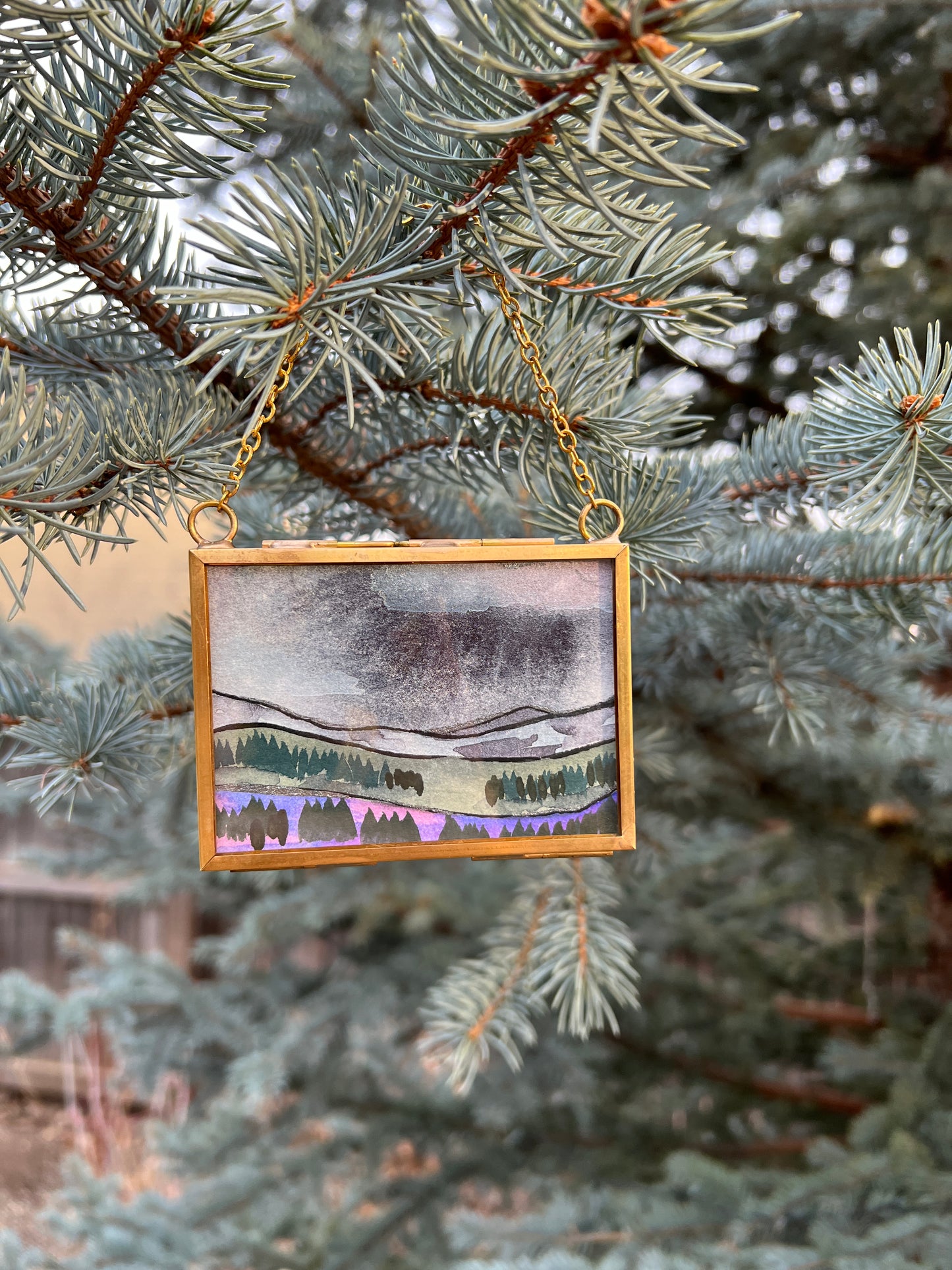 Winter Solstice Treasures, original watercolor paintings in golden frames