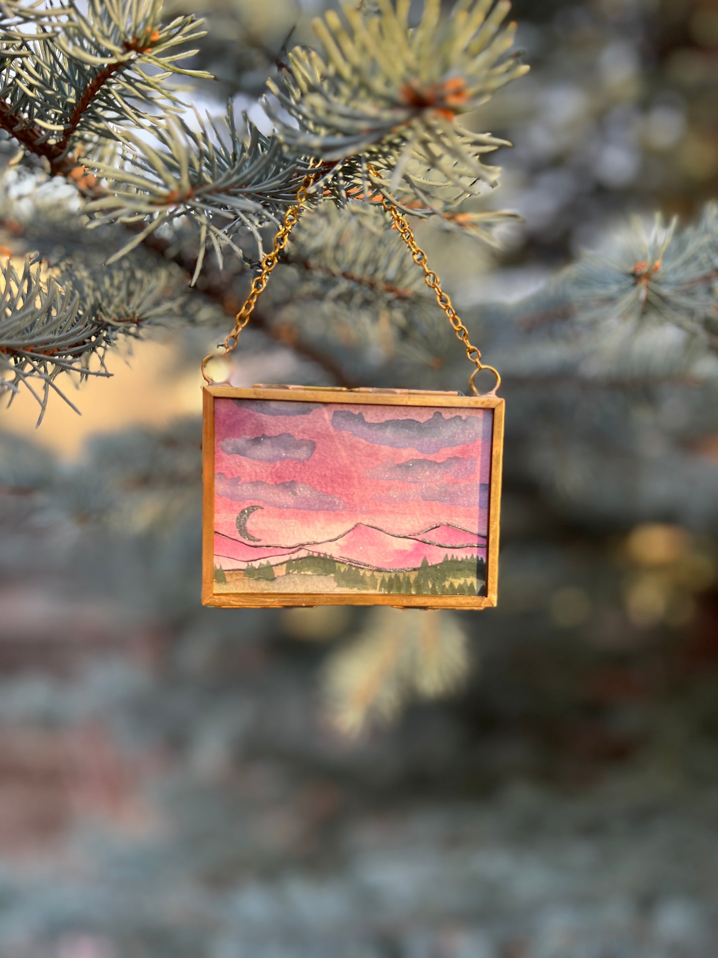 Winter Solstice Treasures, original watercolor paintings in golden frames