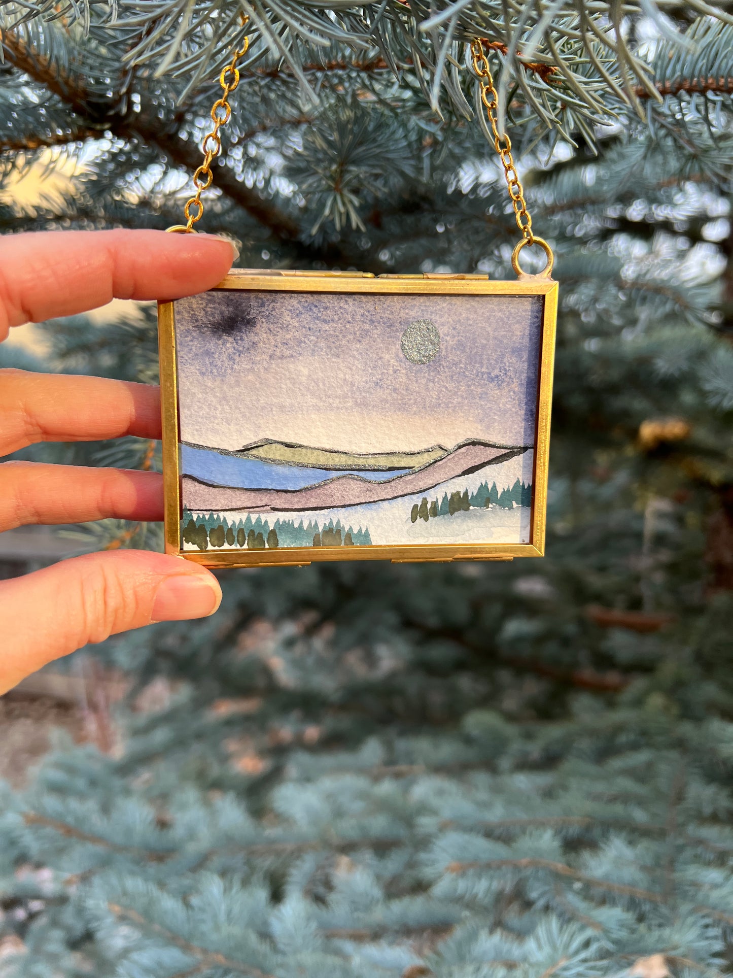 Winter Solstice Treasures, original watercolor paintings in golden frames