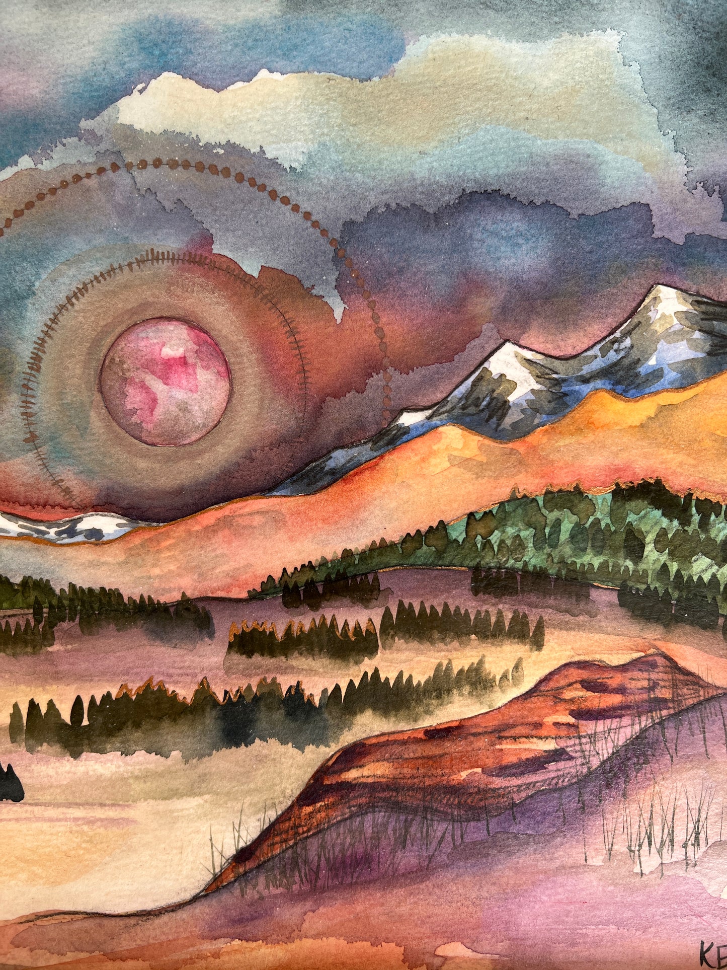 Under the Wolf Moon, original watercolor on paper