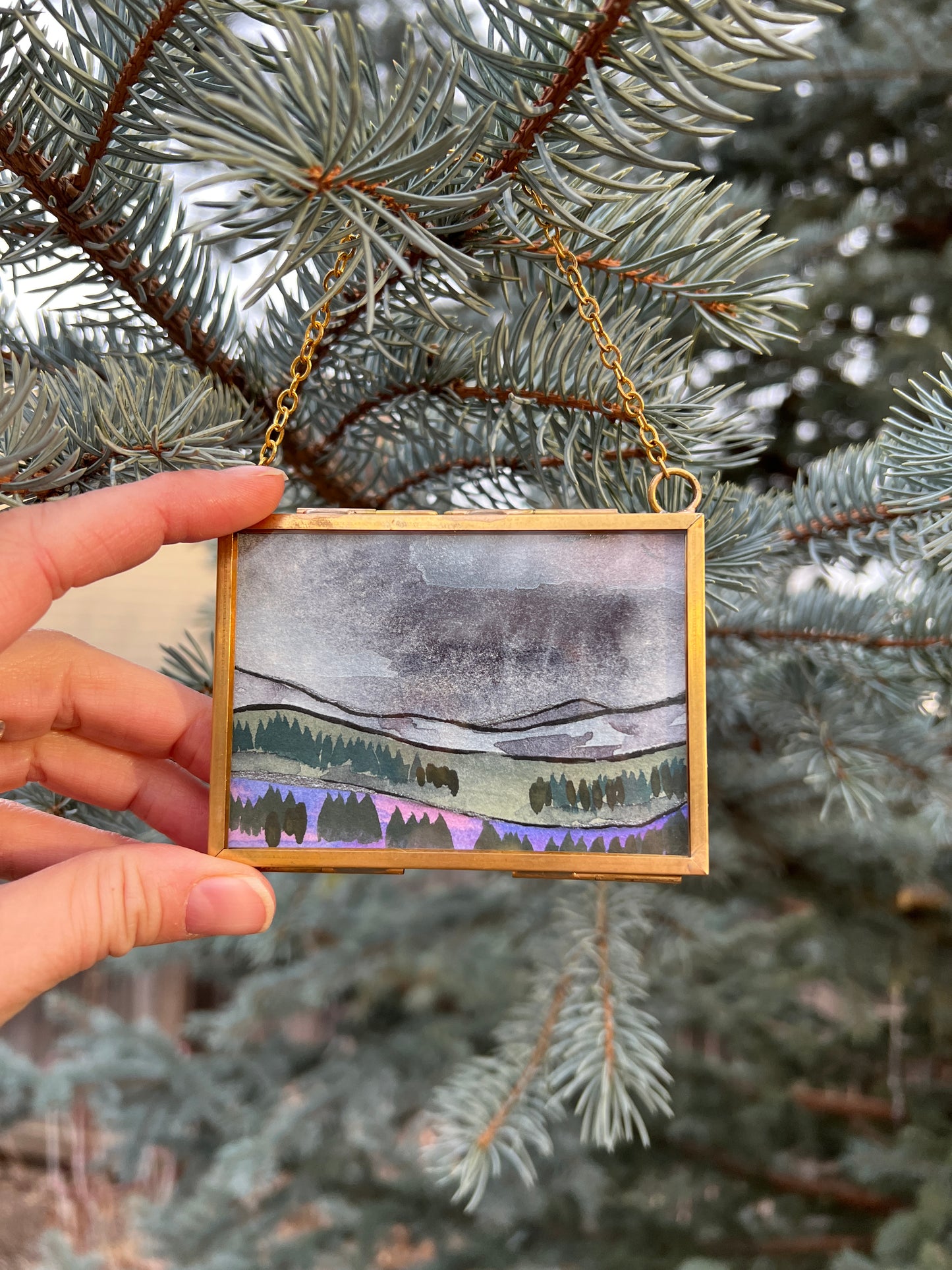 Winter Solstice Treasures, original watercolor paintings in golden frames