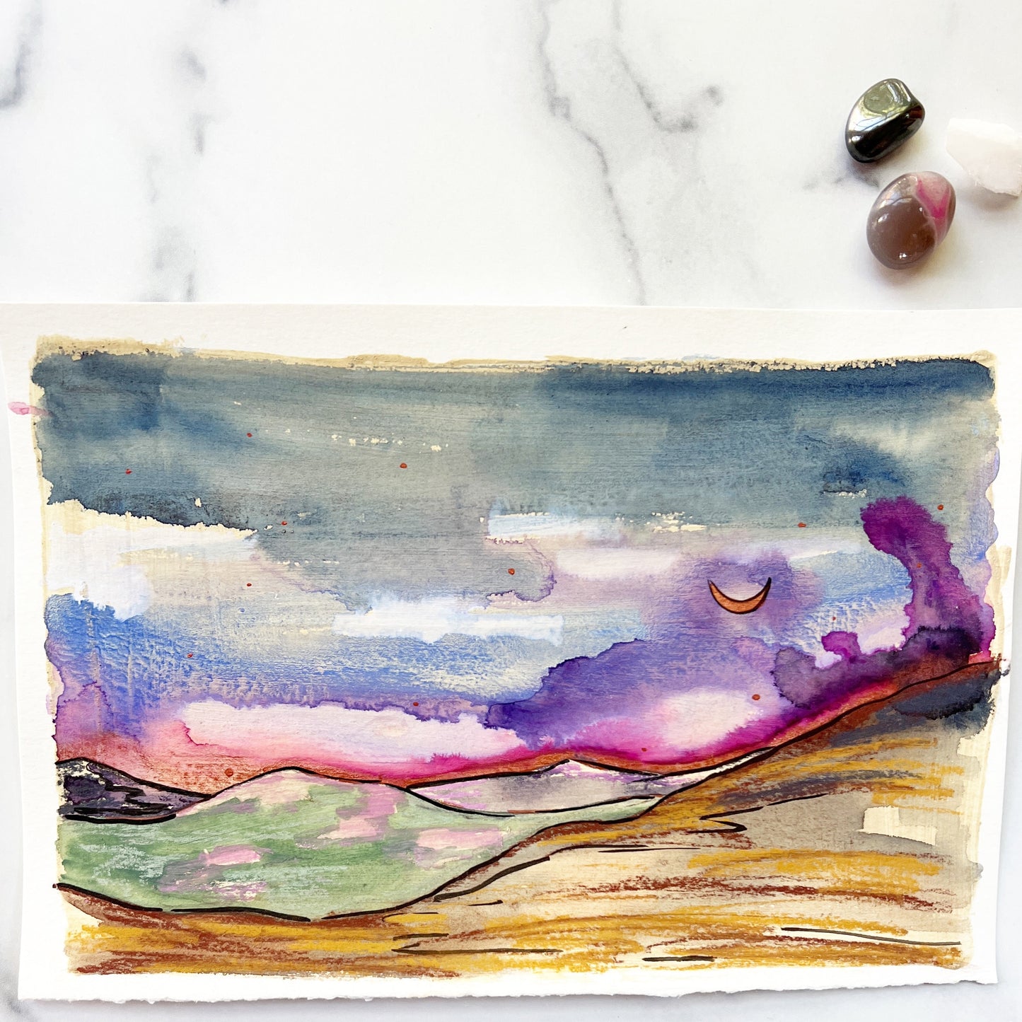 Stardust & Moon Rays, original unframed mixed media painting on paper