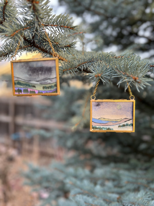 Winter Solstice Treasures, original watercolor paintings in golden frames