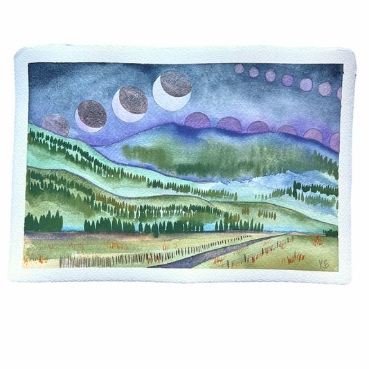 Roadtrip Moons, original unframed watercolor on paper
