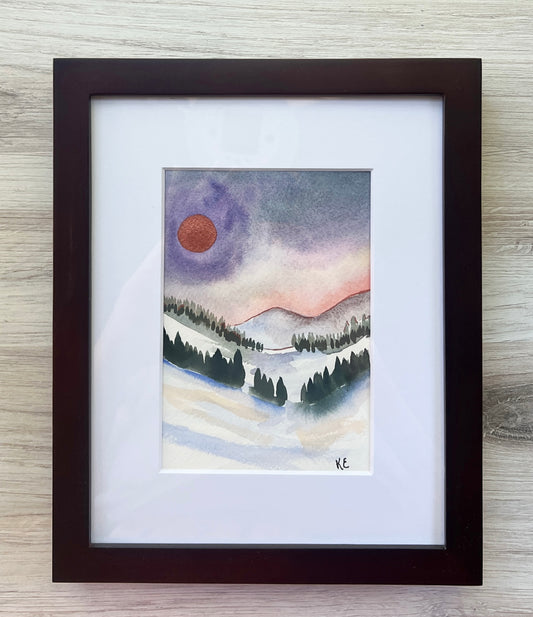 Winter Moon Glow, original framed watercolor on paper